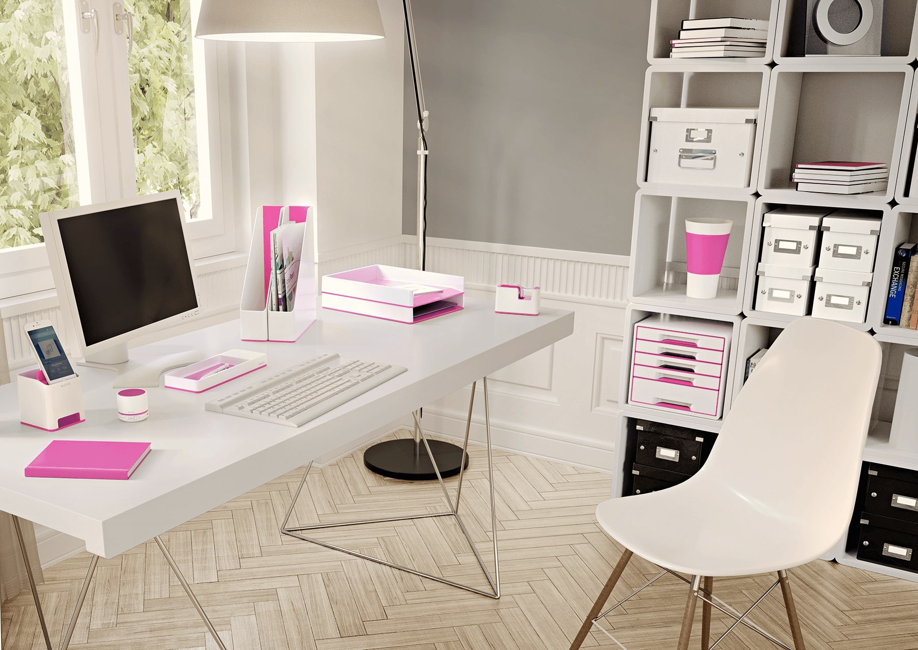 Pink and white home office